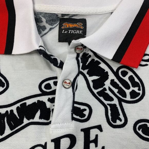Le Tigre Polo Shirt Mens M White Red Cotton All Over Print Dumont Snap Buttons - Picture 3 of 10